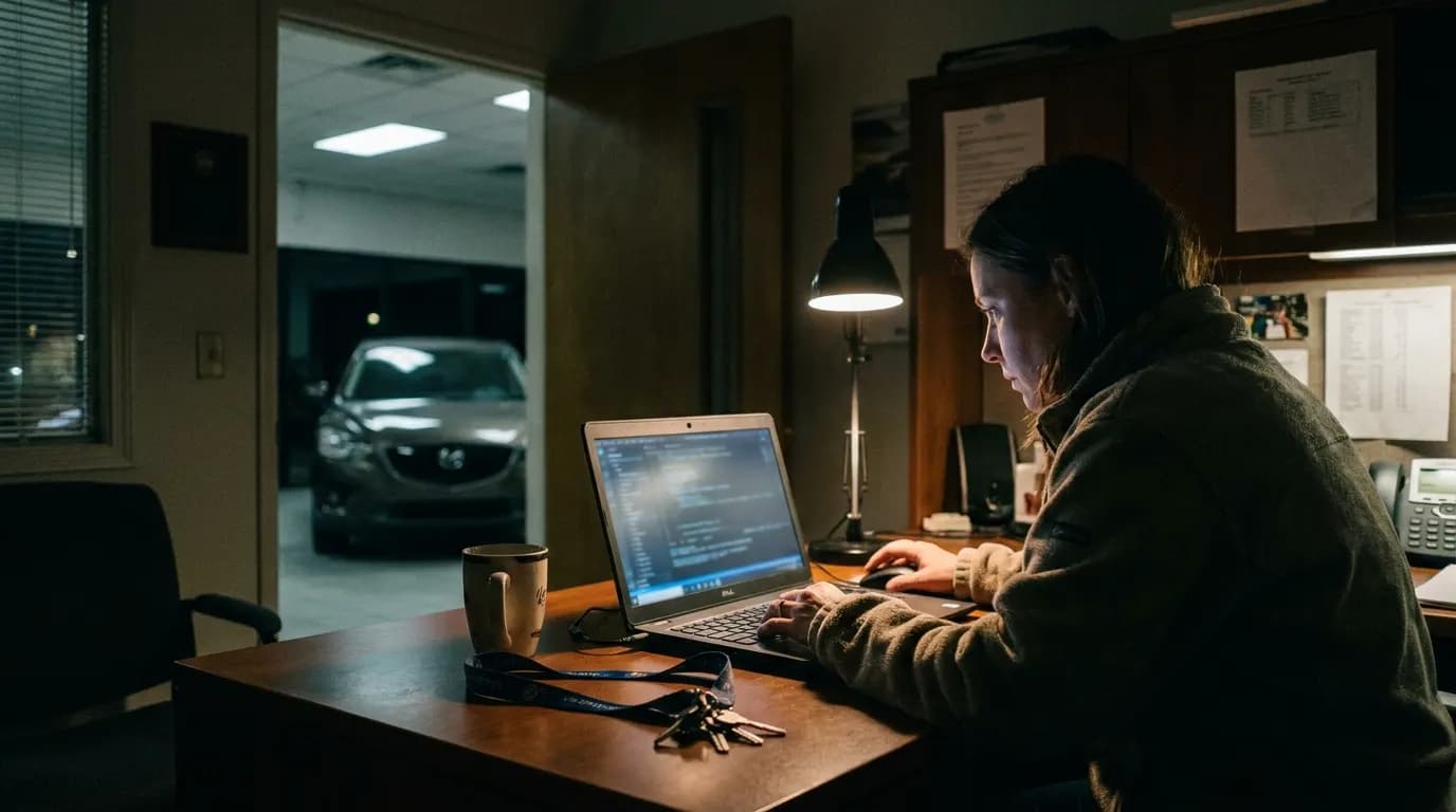 A dealership employee coding in a back office after closing