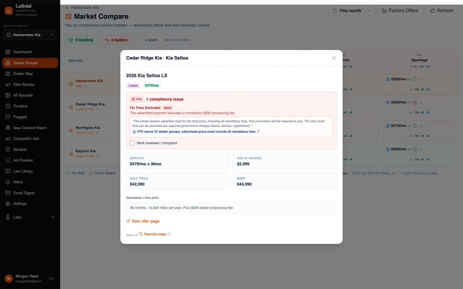 A competitor special shows an excluded processing fee and the supporting FTC citation.